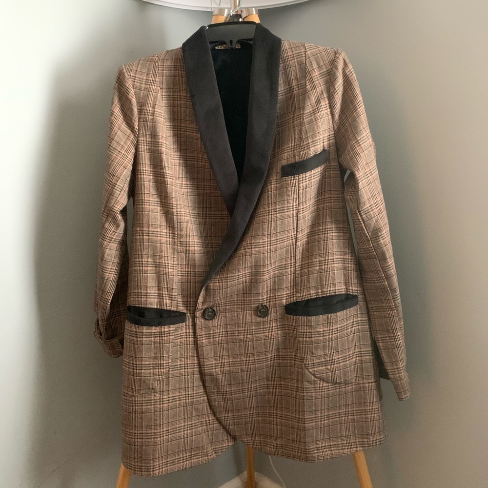 Brown Plaid Faux Leather Blazer